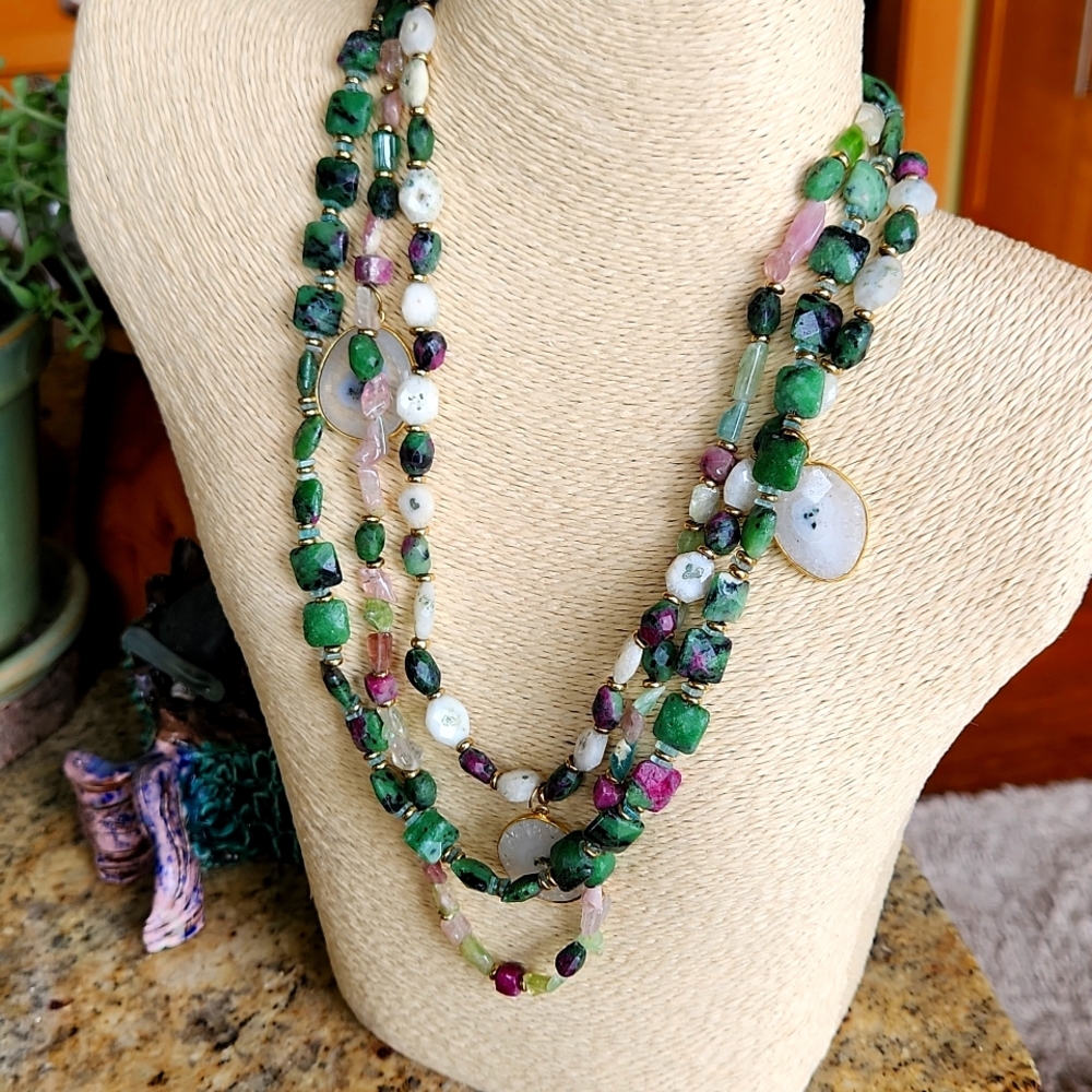 Necklace-one of a kind- triple strand in green and pink